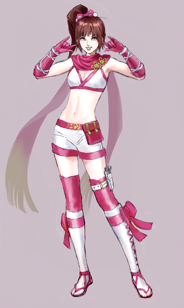 \m/, brown_eyes, brown_hair, female, grin, kunoichi_(sengoku_musou), long_hair, midriff