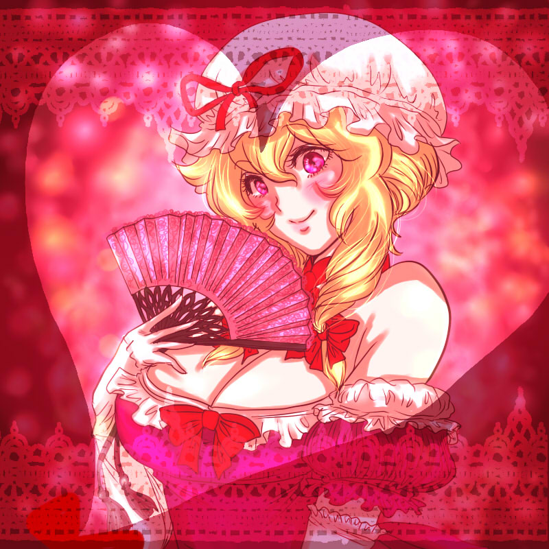 elbow_gloves, fan, gloves, hat, heart, long_hair, nurupoga, purple_eyes