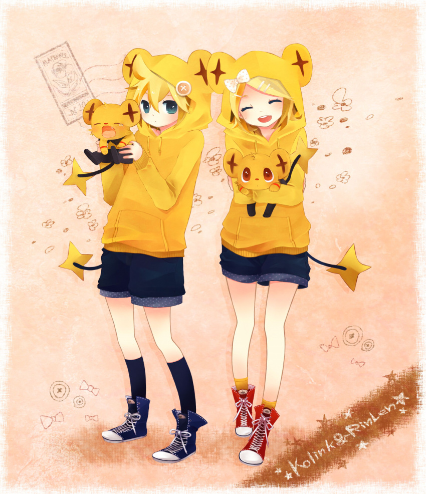 1boy, 1girl, blonde_hair, blue_eyes, closed_eyes, hair_ornament, hair_ribbon, hairclip, highres, hoodie, hug, kagamine_len, kagamine_rin, kneehighs, open_mouth, pokemon, pokemon_(creature), potako, red_eyes, ribbon, shinx, shoes, short_hair, shorts, siblings, smile, sneakers, socks, tail, tears, twins, vocaloid, yawn, yawning