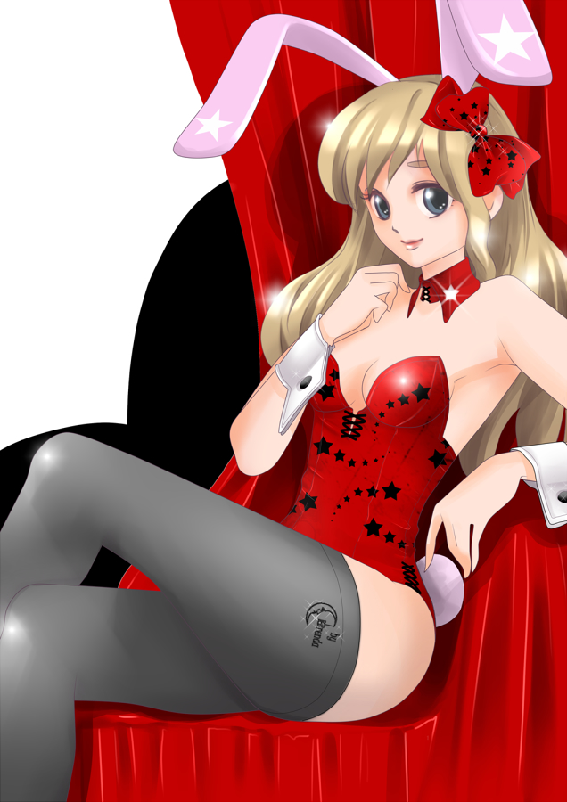 1girl, animal_ears, bare_shoulders, blonde_hair, breasts, bunny_ears, bunny_girl, bunnysuit, chair, cleavage, detached_collar, grey_eyes, grey_legwear, hair_ribbon, k-on!, kotobuki_tsumugi, long_hair, rabbit_ears, ribbon, silver_eyes, sitting, smile, solo, tamayura_(artist), thigh-highs, thighhighs, wrist_cuffs