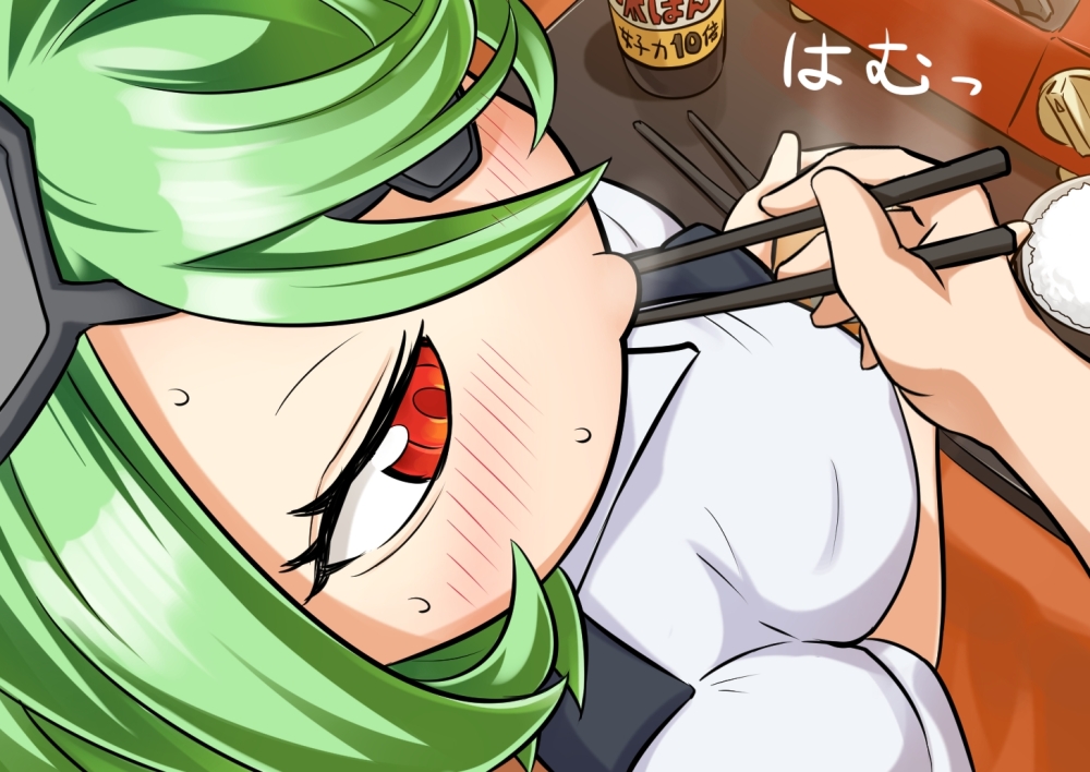 :>, @_@, blush, chopsticks, eyelashes, eyepatch, feeding, food