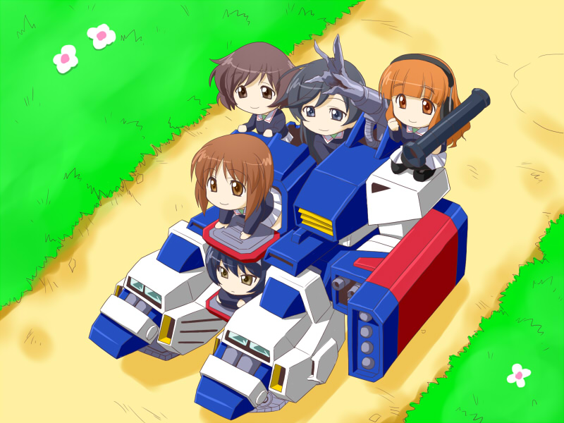 5girls, akiyama_yukari, bazooka, black_hair, black_legwear, blue_eyes, blush, brown_eyes