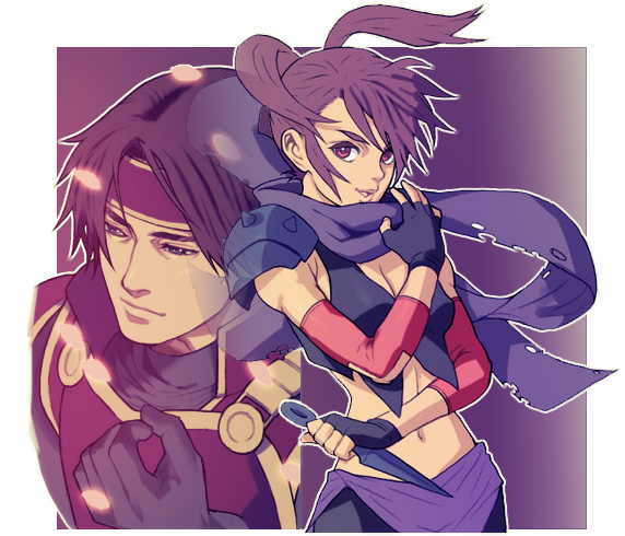 alternate_costume, armor, brown_eyes, brown_hair, couple, detached_sleeves, female, fingerless_gloves, gloves, headband, kunai, kunoichi_(sengoku_musou), long_hair, male, midriff, navel, nokekita, sanada_yukimura, scarf, sengoku_musou, short_hair, shoulder_pads, twintails