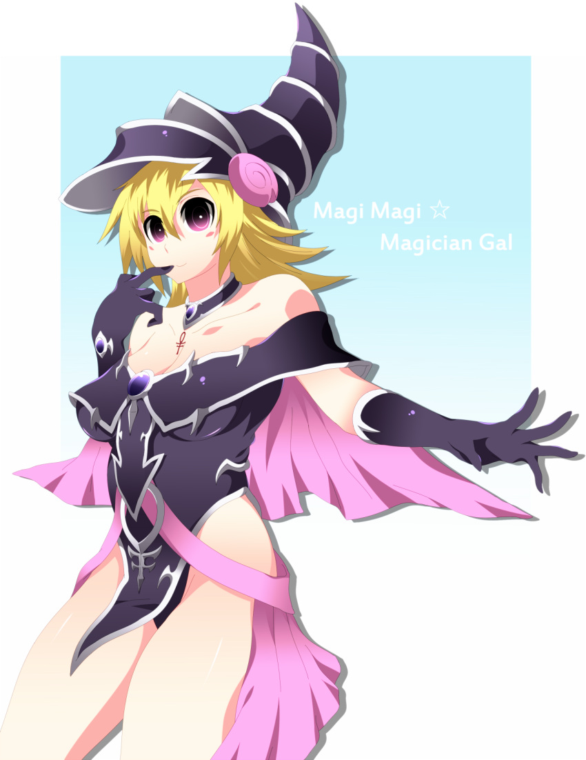 1girl, bare_shoulders, black_gloves, blonde_hair, blush_stickers, breasts, choker, dark_magician_girl