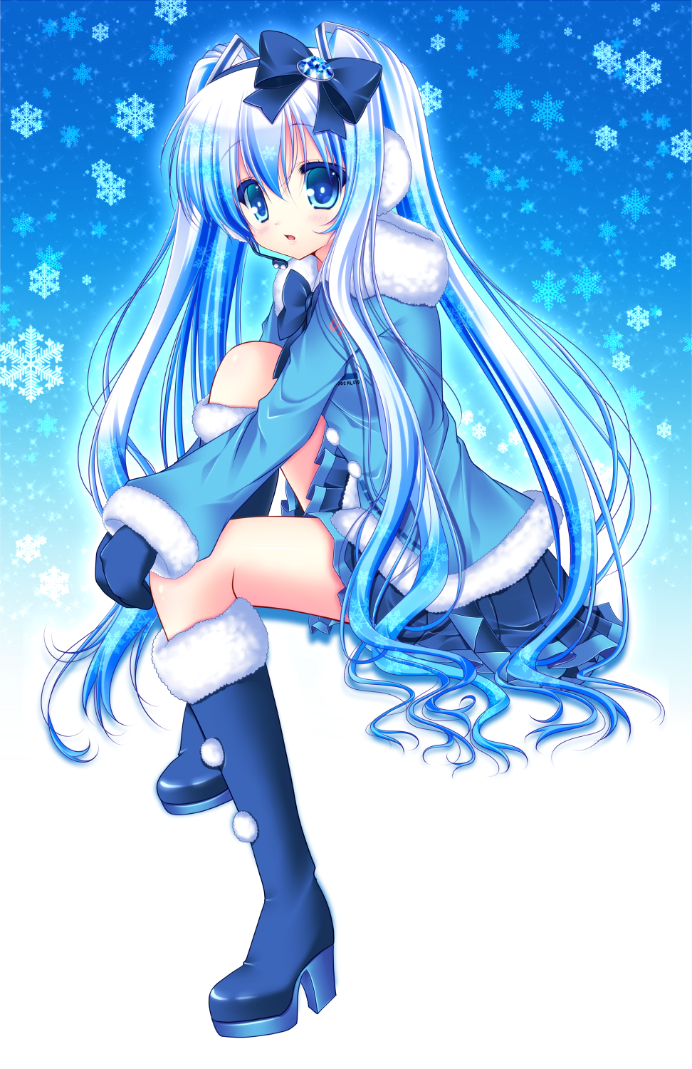 1girl, blue_eyes, blue_hair, boots, bow, earmuffs, hair_bow, hatsune_miku