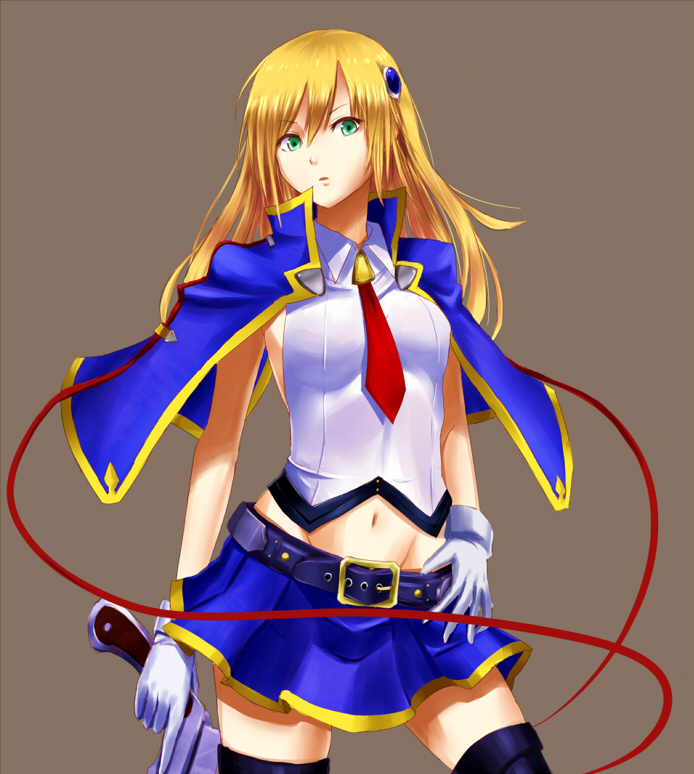 1girl, belt, belt_buckle, black_legwear, blazblue, blazblue:_chrono_phantasma, blonde_hair, bolverk
