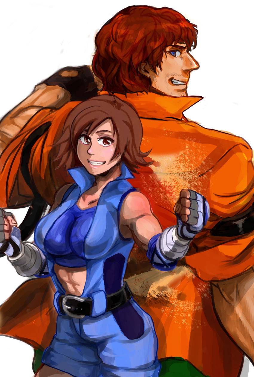 1boy, 1girl, abs, back-to-back, belt, blue_eyes, breasts, brown_eyes