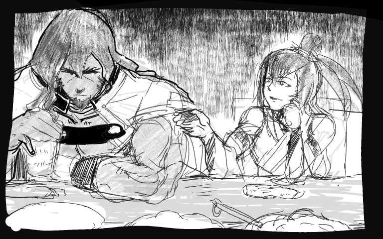 2boys, amane_nishiki, azrael_(blazblue), blazblue, blazblue:_chrono_phantasma, cup, dark_skin, detached_sleeves