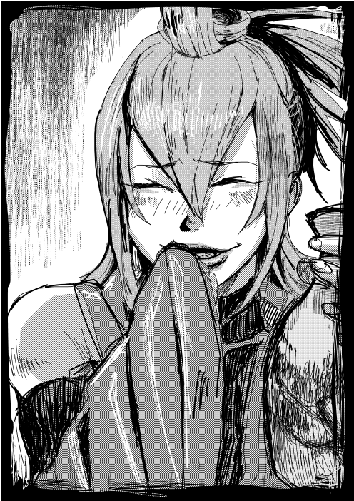 1boy, amane_nishiki, blazblue, blazblue:_chrono_phantasma, blush, detached_sleeves, hand_to_mouth, laughing, long_hair, long_sleeves, m-ri, monochrome, sake_serving_bottle, solo, trap