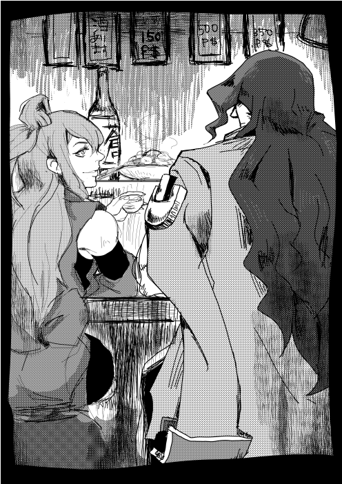 2boys, amane_nishiki, androgynous, azrael_(blazblue), bar, bare_shoulders, blazblue, blazblue:_chrono_phantasma, bottle, cup, detached_sleeves, drinking, food, half_updo, jacket, jacket_on_shoulders, japanese_clothes, long_hair, m-ri, monochrome, multiple_boys, sake_bottle, trap