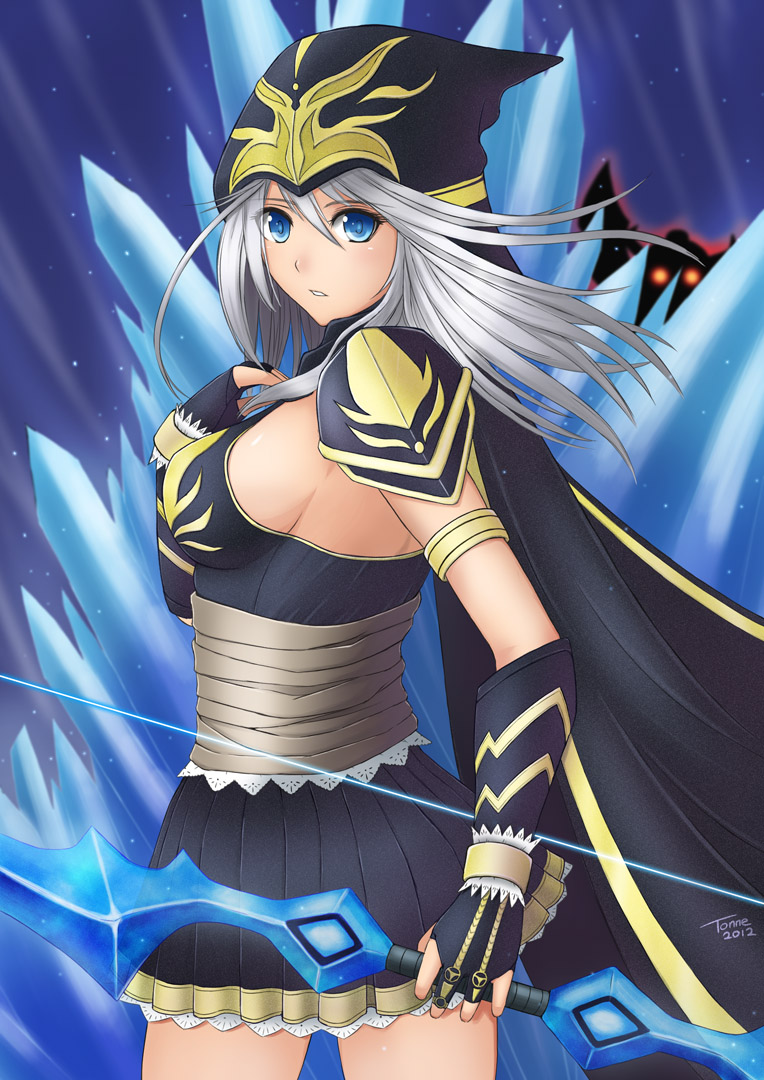 1boy, 1girl, armlet, armor, ashe_(league_of_legends), blue_eyes, bow_(weapon), breasts
