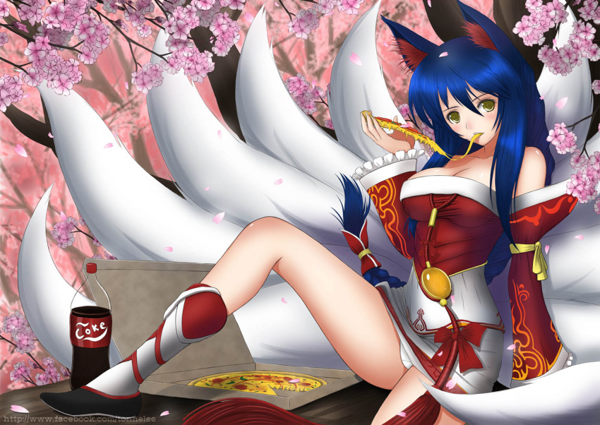 1girl, ahri, animal_ears, bare_shoulders, blue_hair, blush, bottle, braid