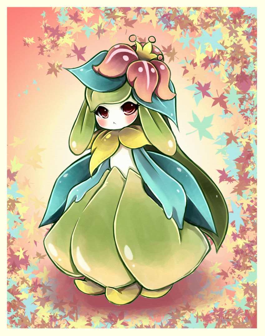 alternate_color, blush, brown_eyes, full_body, highres, leaf, leaf_background, lilligant