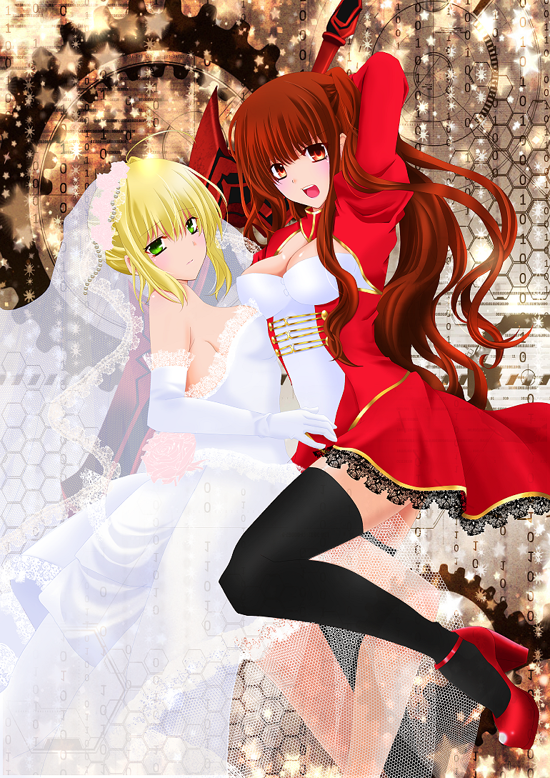 2girls, aestus_estus, ahoge, asymmetrical_docking, bare_shoulders, black_legwear, blonde_hair, blush, breast_press, breasts, bridal_veil, bride, brown_eyes, brown_hair, cleavage, dress, elbow_gloves, fate/extra, fate_(series), female_protagonist_(fate/extra), gloves, green_eyes, lace, large_breasts, legs, long_hair, multiple_girls, red_eyes, s-ei, saber_extra, saber_extra_(cosplay), sideboob, thigh-highs, thighhighs, thighs, veil, wedding_dress
