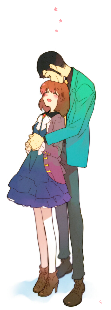 1boy, 1girl, arsene_lupin_iii, black_hair, blush, brown_hair, castle_of_cagliostro, clarisse_de_cagliostro, closed_eyes, couple, eyes_closed, hand_holding, happy, holding_hands, hug, hug_from_behind, lupin_iii, short_hair, sideburns, smile, toujou_sakana