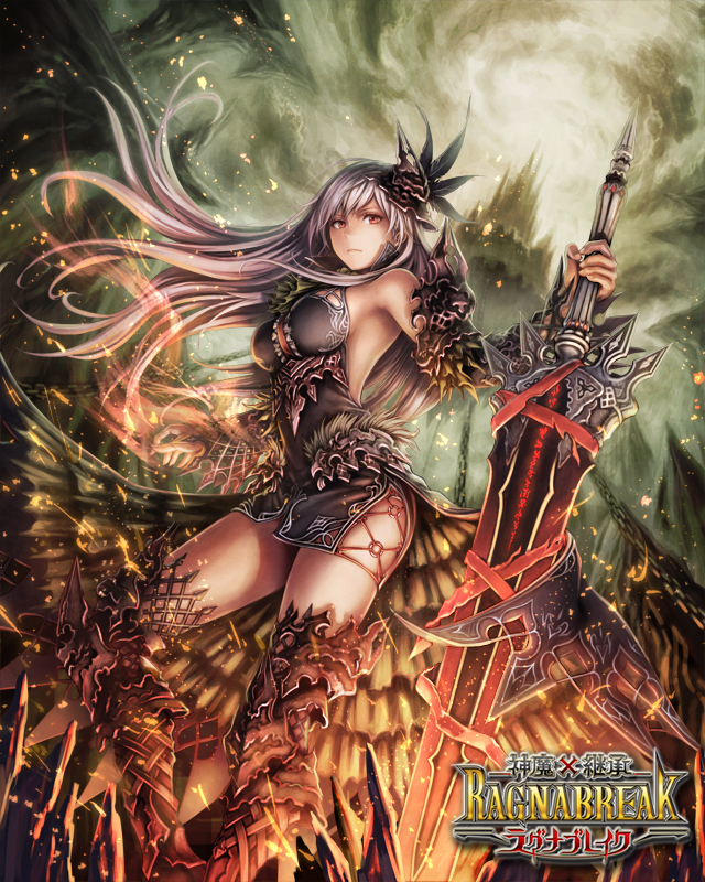 1girl, anbe_yoshirou, armor, breasts, embers, gauntlets, greaves, hair_ornament