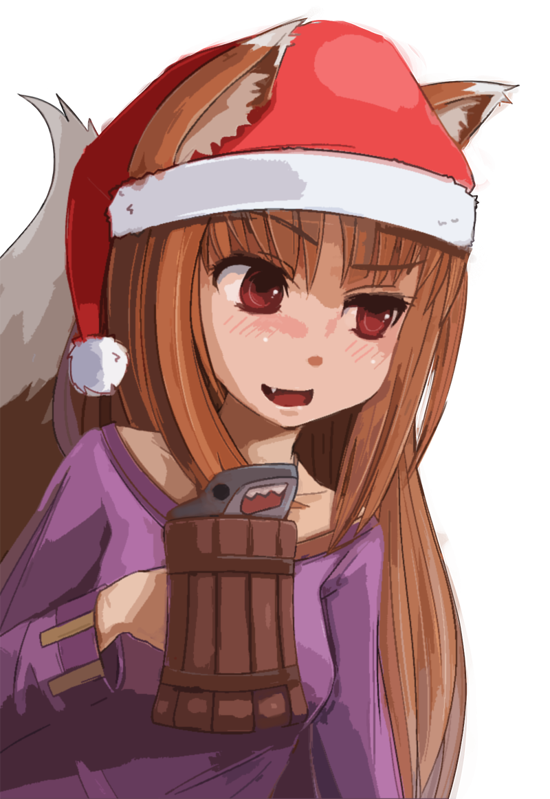 1girl, animal_ears, beer_mug, blush, brown_hair, dress, drunk, fang