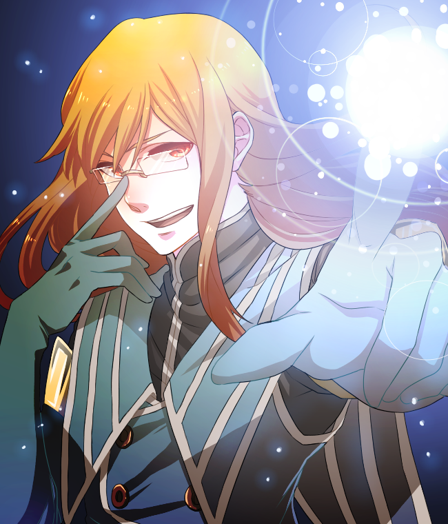 1boy, adjusting_glasses, fu-haru, glasses, gloves, jade_curtiss, long_hair, magic, male, open_mouth, orange_hair, smile, solo, tales_of_(series), tales_of_the_abyss