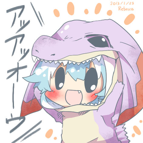 >:d, :d, animal_costume, arms_up, black_eyes, blue_hair, blush, chibi