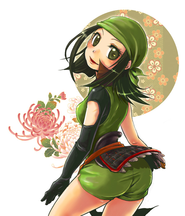ass, bandana, green_eyes, green_hair, hotpants, looking_back, matsu_(sengoku_basara), seia_megumu
