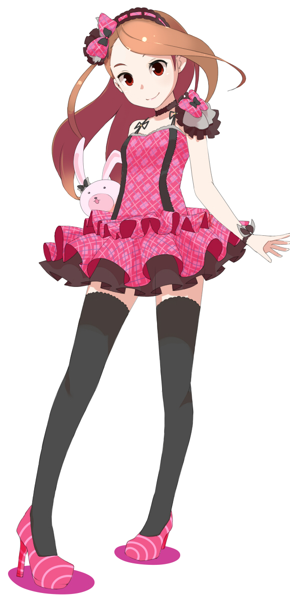 1girl, black_legwear, blush, brown_hair, flower, hairband, highres, idolmaster, long_hair, minase_iori, red_eyes, smile, solo, stuffed_animal, stuffed_toy, supi_(pixiv), thigh-highs, thighhighs