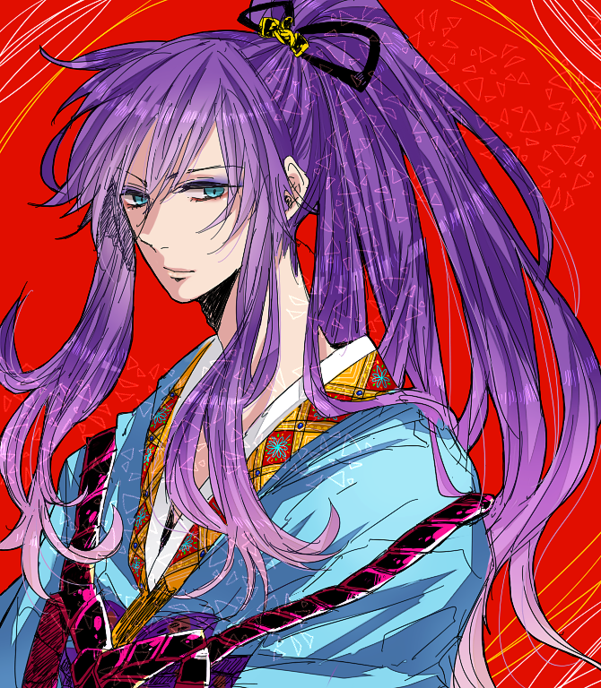 1boy, blue_eyes, bust, eyeshadow, hair_ribbon, japanese_clothes, kamui_gakupo, long_hair, makeup, male, ponytail, purple_hair, qazrr, red_background, ribbon, solo, traditional_clothes, vocaloid