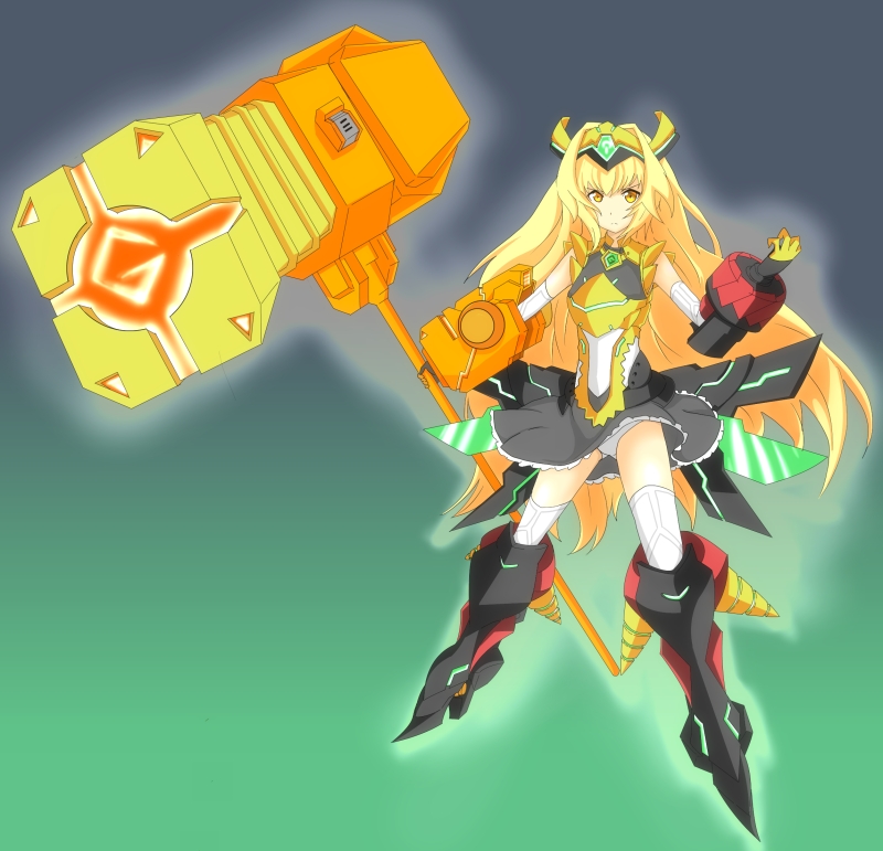 1girl, blonde_hair, gaogaigar, genderswap, goldion_hammer, hammer, i_b_b_e, long_hair