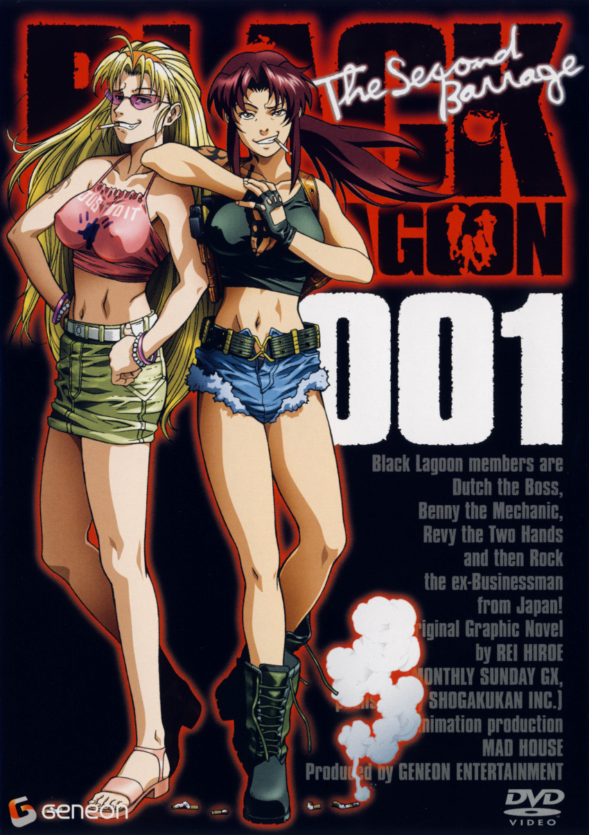 2girls, absurdres, ahoge, armpit_holster, bare_shoulders, barefoot_sandals, black_lagoon, blonde_hair
