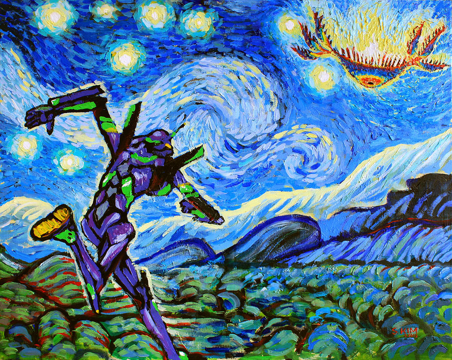 acrylic_paint_(medium), angel_(evangelion), eva_01, fine_art_parody, mecha, neon_genesis_evangelion, no_humans, parody