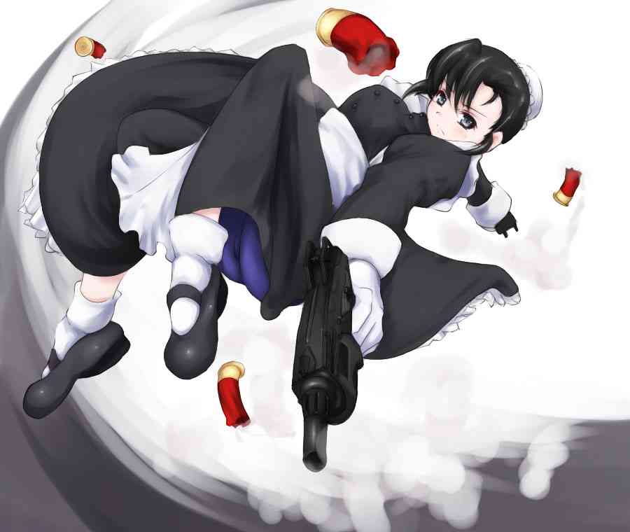 1girl, artist_request, bike_shorts, black_hair, black_lagoon, bobby_socks, bun_cover, dual_wielding