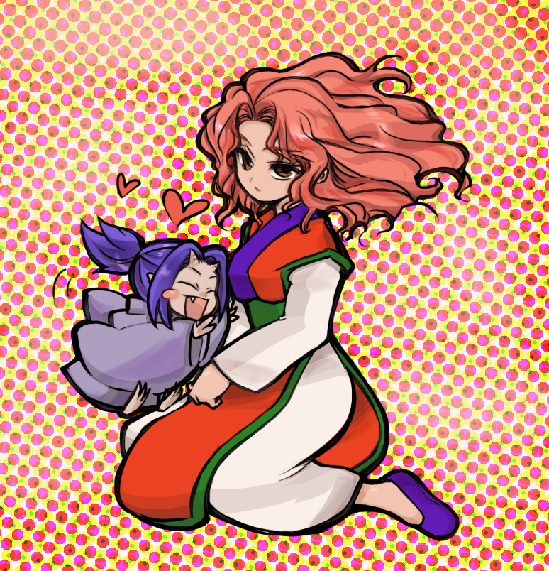 brown_eyes, chibi, couple, female, genkai, hearts, long_hair, male