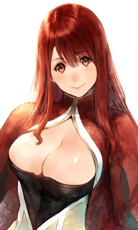 1girl, blush, breasts, cleavage, large_breasts, long_hair, looking_at_viewer, makimura_shunsuke