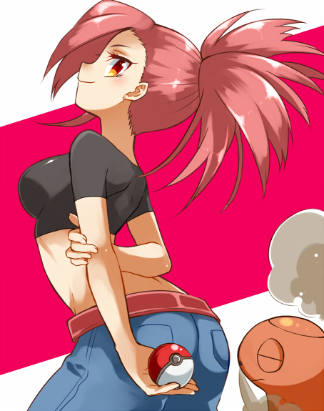 1girl, arms_behind_back, asuna_(pokemon), azusa_(pokemon), belt, crop_top, gym_leader, holding