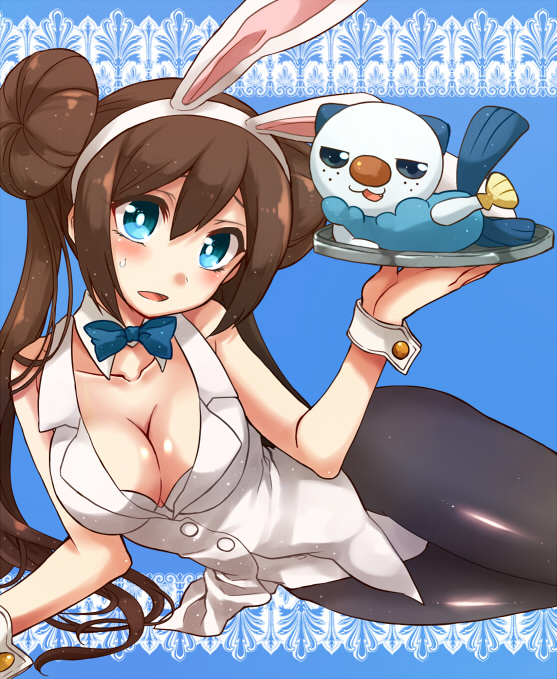 1girl, alternate_costume, animal_costume, animal_ears, blue_background, blue_eyes, blush, bowtie, breasts, brown_hair, bunny_costume, bunny_ears, bunnysuit, cleavage, detached_collar, double_bun, irouha, long_hair, looking_at_viewer, lying, mei_(pokemon), oshawott, pokemon, pokemon_(creature), pokemon_(game), pokemon_bw2, rabbit_ears, shell, twintails, wrist_cuffs