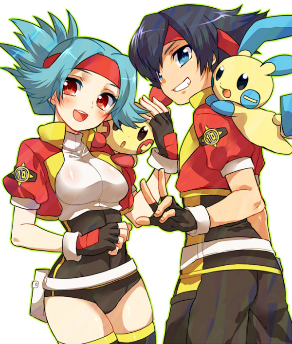 1boy, 1girl, black_hair, blue_eyes, blue_hair, blush, commentary_request, fanny_pack, fingerless_gloves, gloves, grin, headband, irouha, jacket, leotard, looking_at_viewer, lunick_(pokemon), minun, on_shoulder, open_mouth, plusle, pokemon, pokemon_ranger_(series), pokemon_ranger_1, solana_(pokemon)