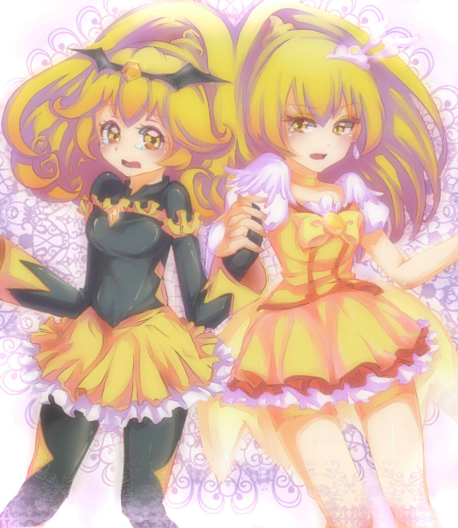 2girls, alternate_costume, bad_end_peace, bad_end_precure, bat, bike_shorts, blonde_hair, bodysuit