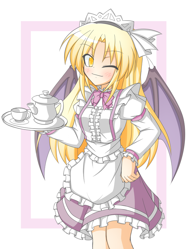 1girl, bat_wings, blonde_hair, bow, cop_(shokkidana), dress, kurumi_(touhou), long_hair