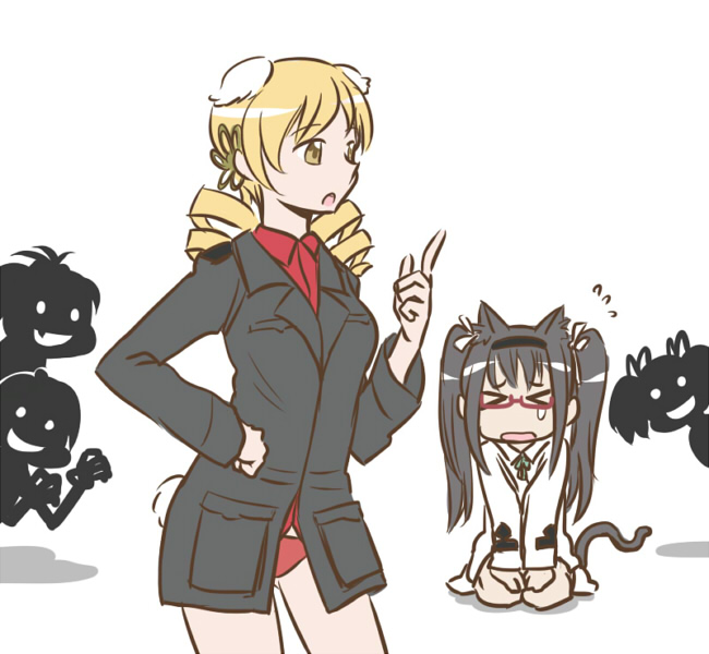 >_<, 5girls, akemi_homura, animal_ears, blonde_hair, bunny_ears, bunny_tail, cat_ears