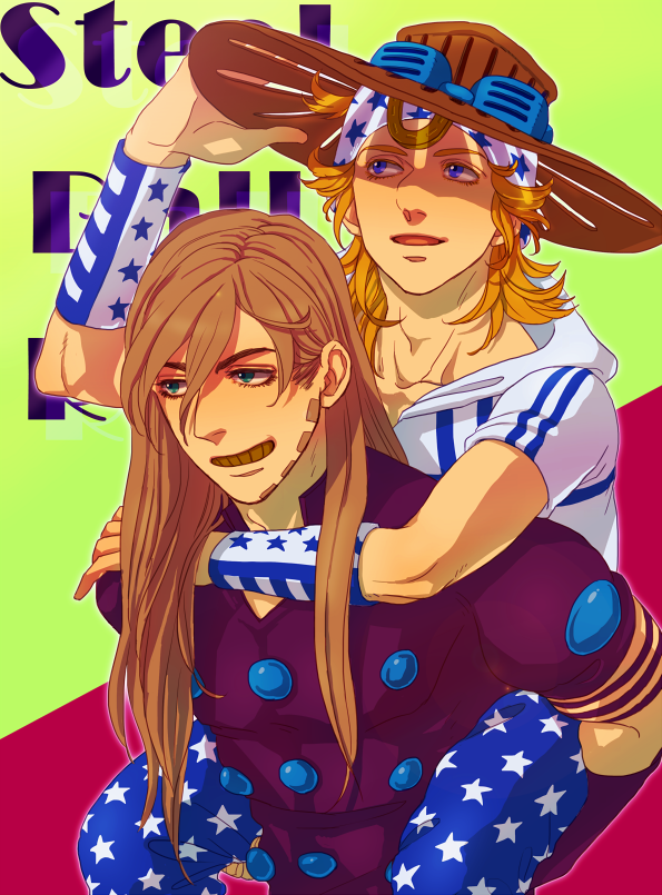 2boys, beanie, blonde_hair, blue_eyes, brown_hair, grin, gyro_zeppeli, hat, johnny_joestar, jojo_no_kimyou_na_bouken, long_hair, multiple_boys, piggyback, sannnpa24, smile, steel_ball_run