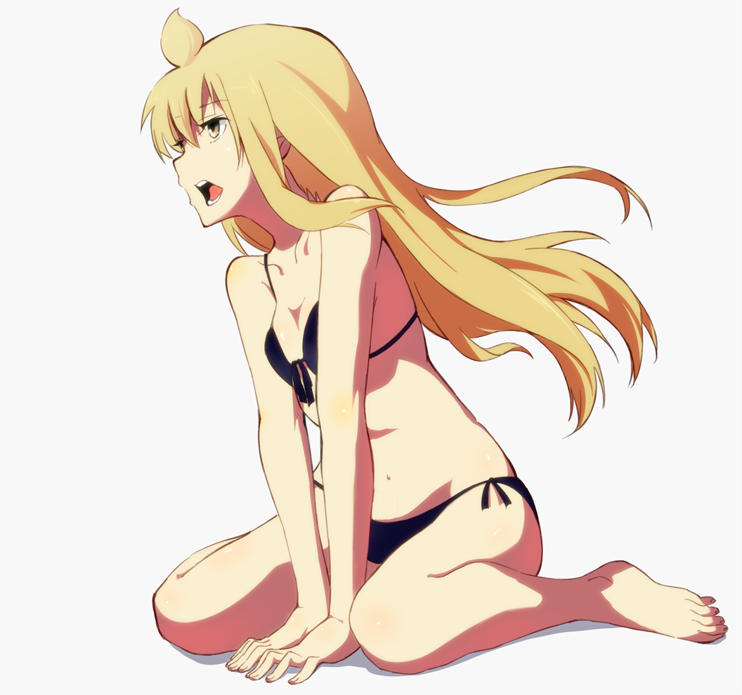 1girl, ahoge, arm_support, bare_shoulders, barefoot, bikini, black_bikini, blonde_hair