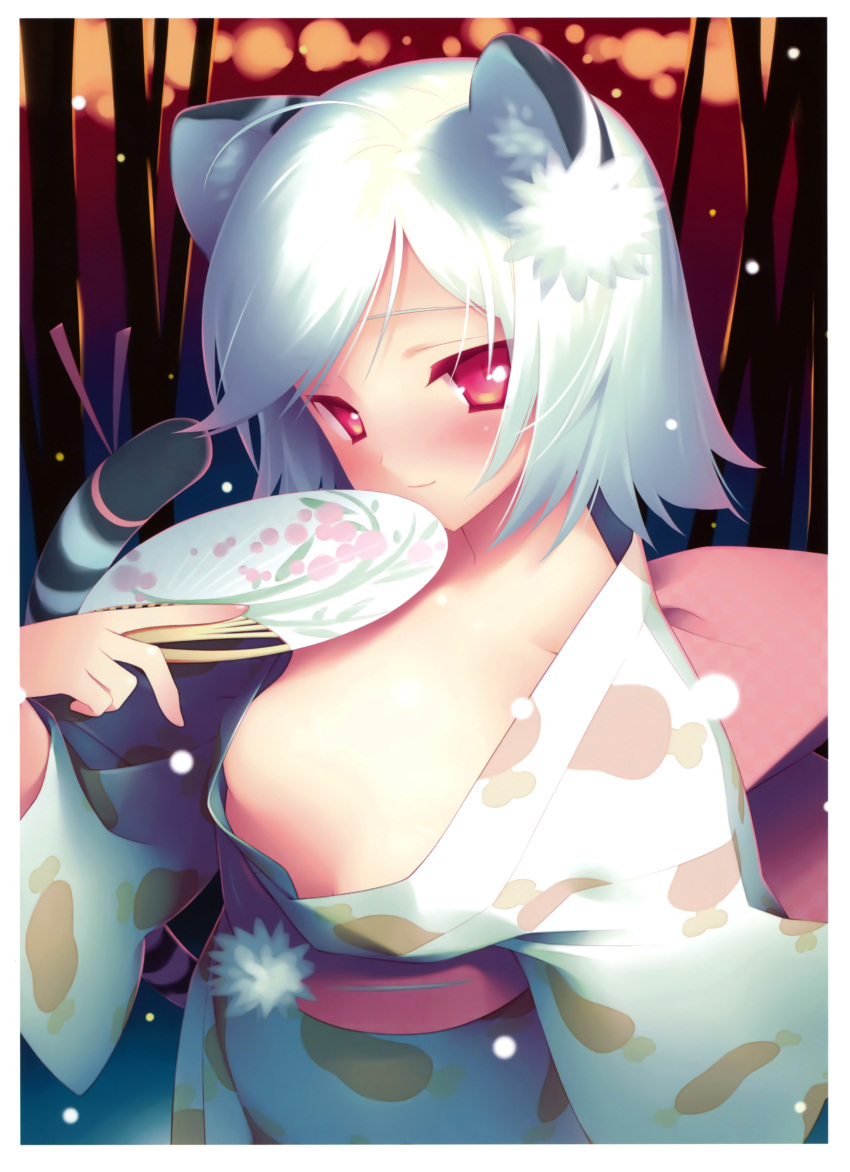 1girl, absurdres, ahoge, animal_ears, blush, breasts, fan, gayarou