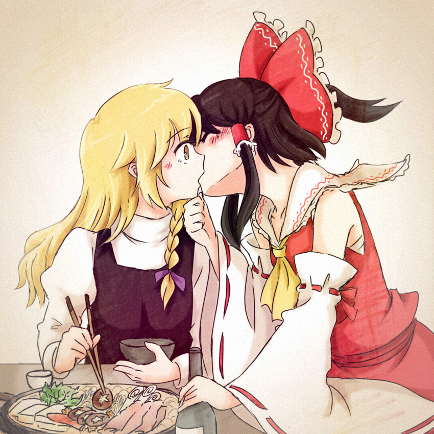 2girls, ascot, black_dress, black_hair, blonde_hair, blush, bow, bowl