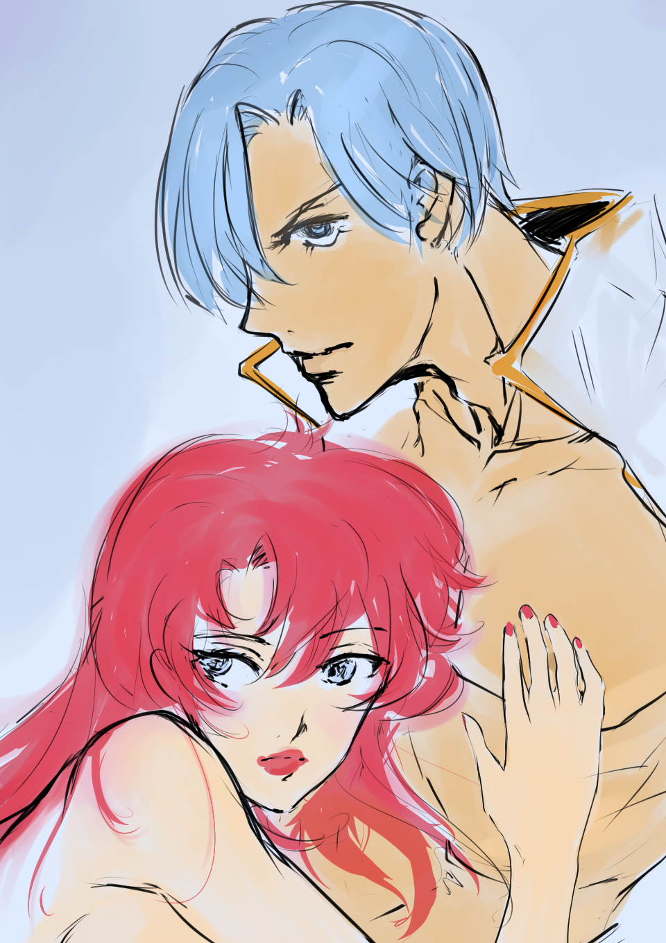 1boy, 1girl, beardorado, blue_hair, couple, highres, kamina, nail_polish, open_clothes, open_shirt, red_hair, redhead, sketch, tengen_toppa_gurren_lagann, tengen_toppa_gurren_lagann:_parallel_works, yoko_littner