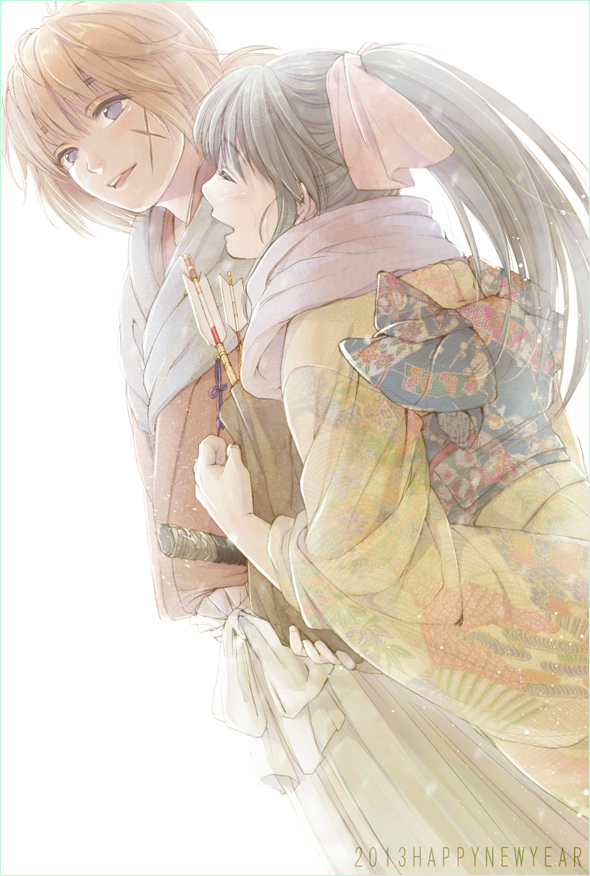 arrow, black_hair, blue_eyes, closed_eyes, couple, eyes_closed, hair_ribbon, himura_kenshin, japanese_clothes, kamiya_kaoru, natsu_mikan_(level9), obi, ponytail, red_hair, redhead, ribbon, rurouni_kenshin, scar, scarf