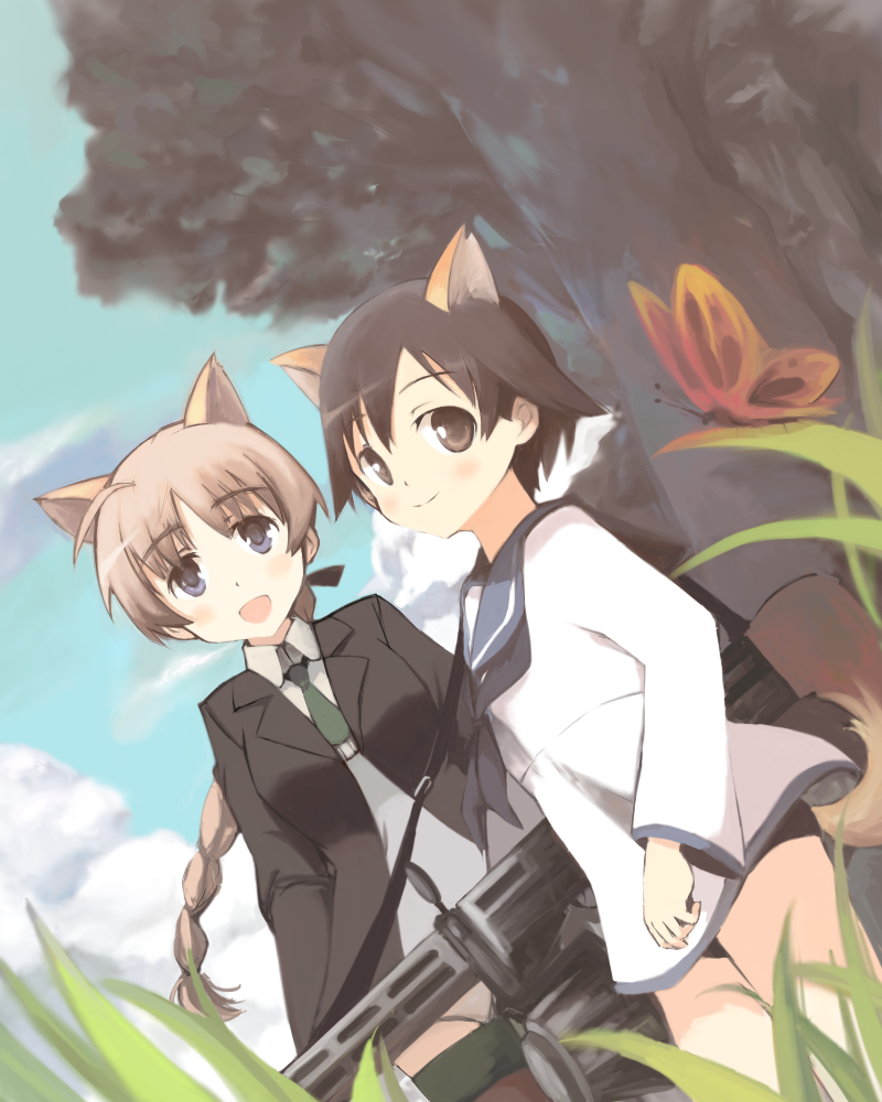 2girls, :d, ahoge, animal_ears, blue_eyes, blush, braid, brown_eyes