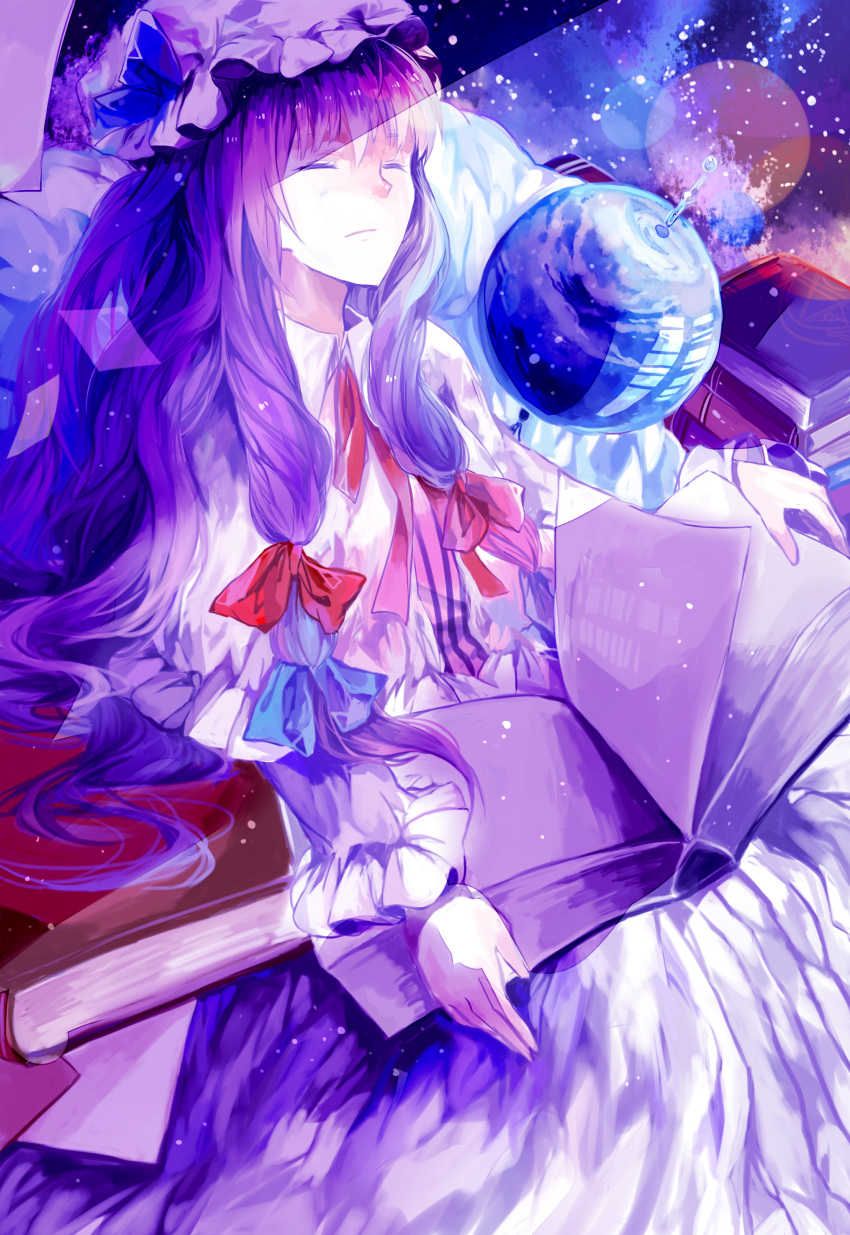 1girl, absurdres, azalea_(artist), book, closed_eyes, eyes_closed, globe, hair_ribbon