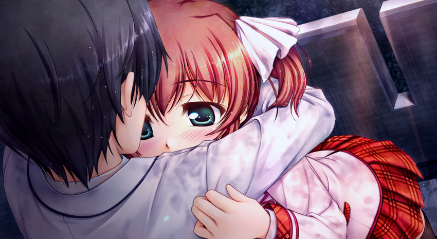 1boy, 1girl, bekkankou, black_legwear, blazer, blush, daitoshokan_no_hitsujikai, game_cg