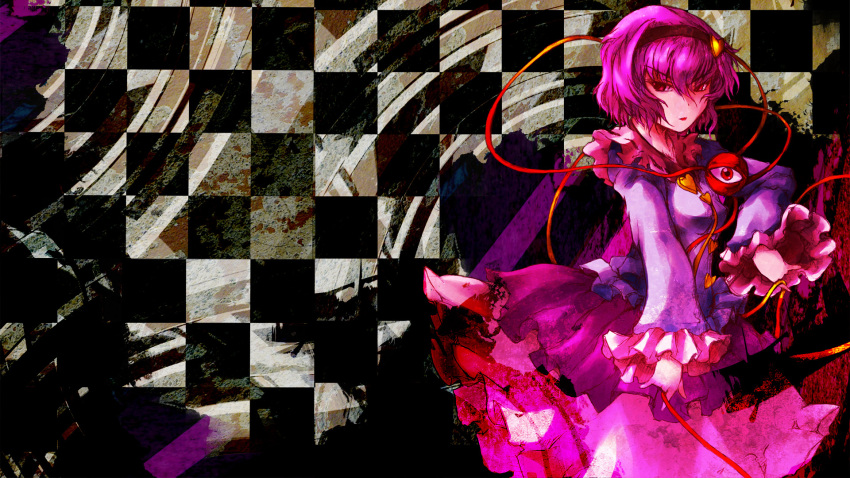 1girl, akenoin_soumon, checkered, checkered_background, hairband, heart, highres, komeiji_satori