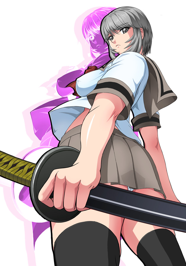 1girl, black_legwear, dress, from_below, grey_dress, grey_eyes, grey_hair, looking_back, scabbard, school_uniform, serafuku, serious, sheath, shinjou_serika, shopyun, short_hair, skirt, solo, thigh-highs, thighhighs, tokimeki_memorial, tokimeki_memorial_3, white_background