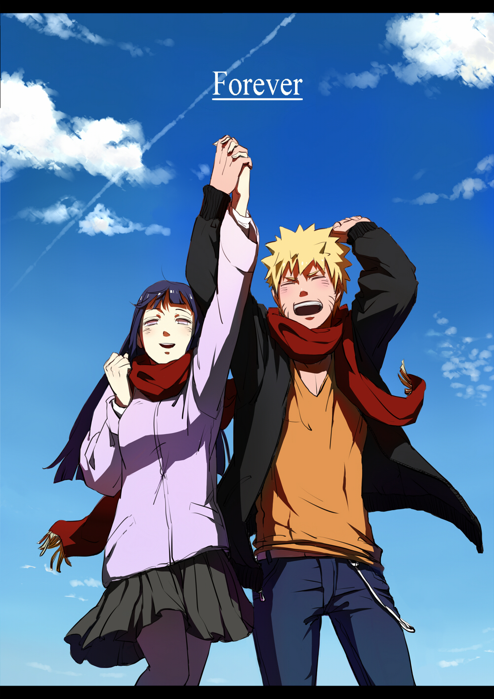 black_hair, blonde_hair, casual, closed_eyes, contemporary, couple, hand_holding, highres, holding_hands, hyuuga_hinata, jacket, jeans, lialli, long_hair, naruto, scarf, shared_scarf, skirt, sky, smile, uzumaki_naruto, white_eyes